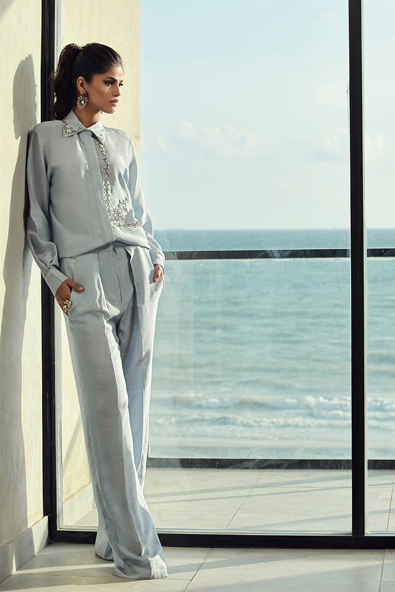 Wardha Saleem | Luxury Pret Fusion Wear | ELLA (2PC) XL Sky Blue Korean Raw Silk