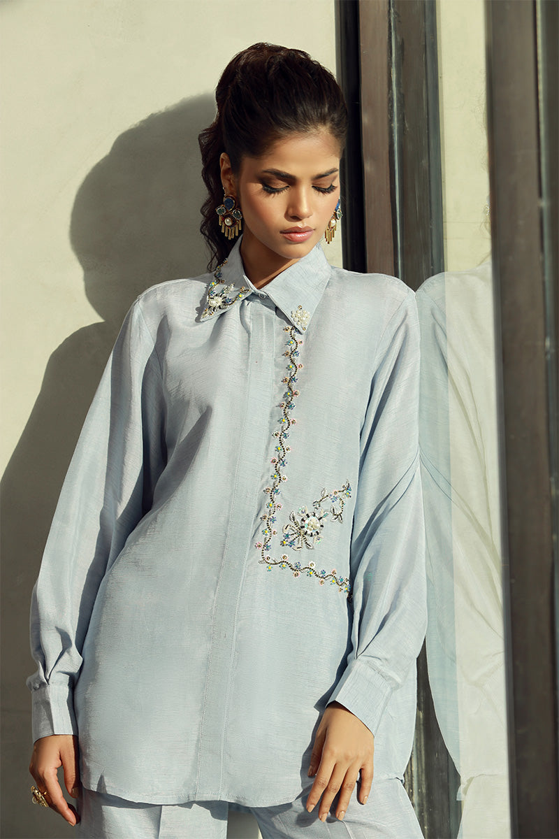 Wardha Saleem | Luxury Pret Fusion Wear | ELLA (2PC) M Sky Blue Korean Raw Silk