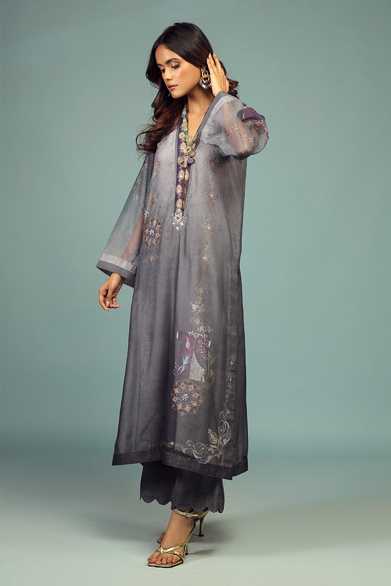 Wardha Saleem | Luxury Pret Traditional Wear | DARVESH SHIRT WITH DUPATTA ( 2 PC) L Gray Cotton Net