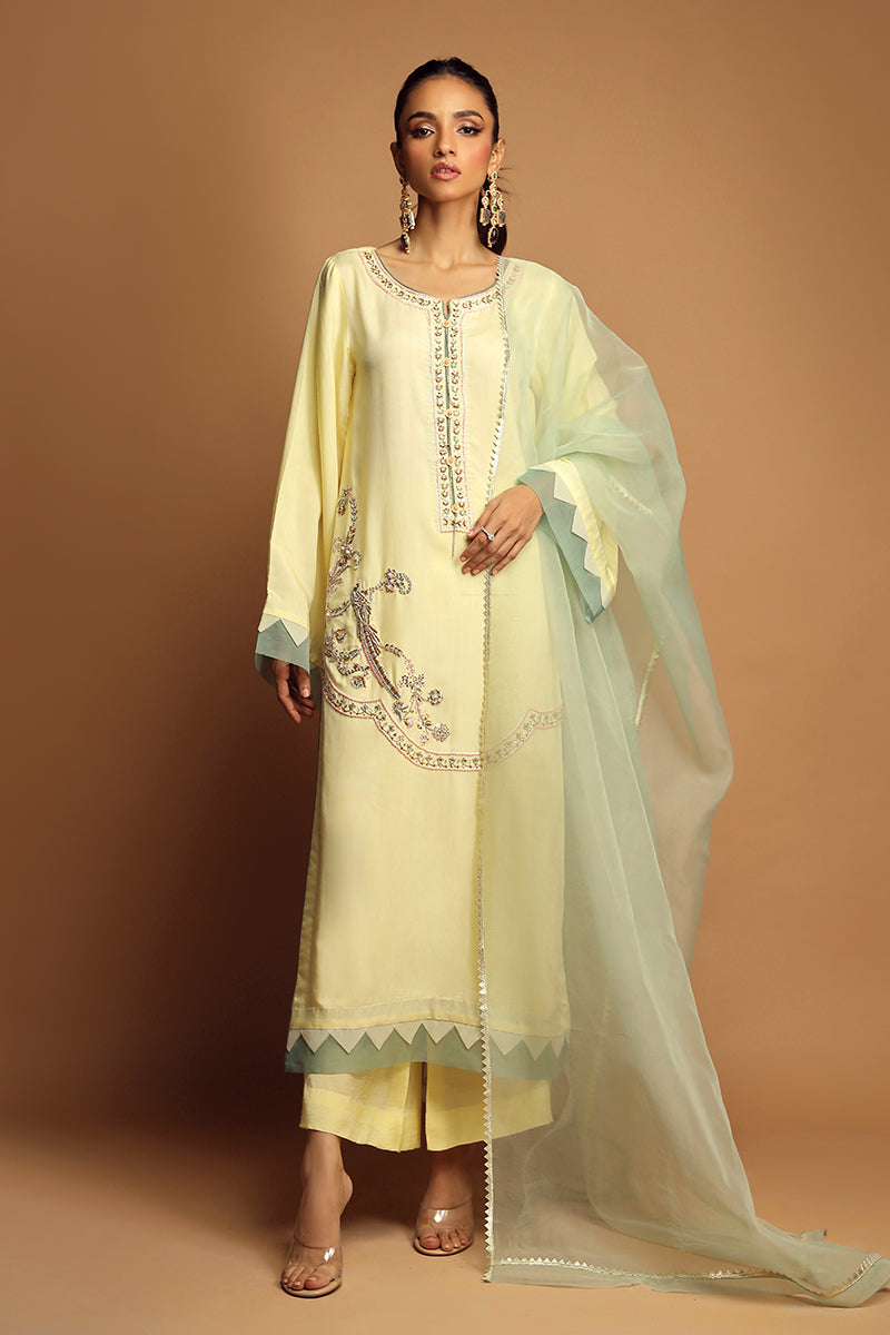 Wardha Saleem | Luxury Pret Traditional Wear | JOIE FORMAL (2PC) XS Lime Yellow Cotton Silk