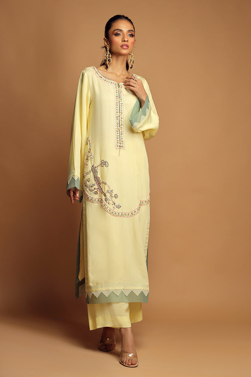 Wardha Saleem | Luxury Pret Traditional Wear | JOIE FORMAL (2PC) M Lime Yellow Cotton Silk