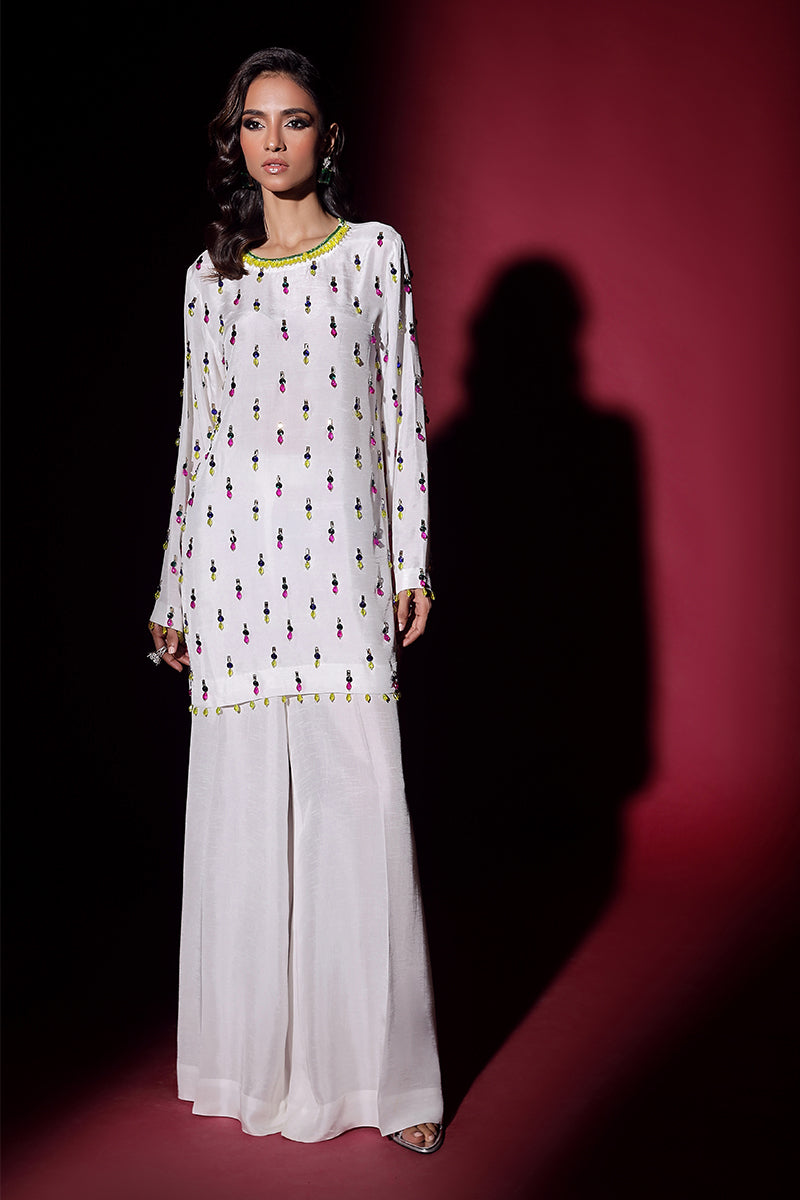 Wardha Saleem | Luxury Pret Fusion Wear | LUXURA (WHITE) CORD-SET (2PC) XL White Korean Silk