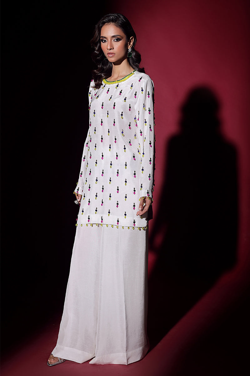 Wardha Saleem | Luxury Pret Fusion Wear | LUXURA (WHITE) CORD-SET (2PC) XS White Korean Silk