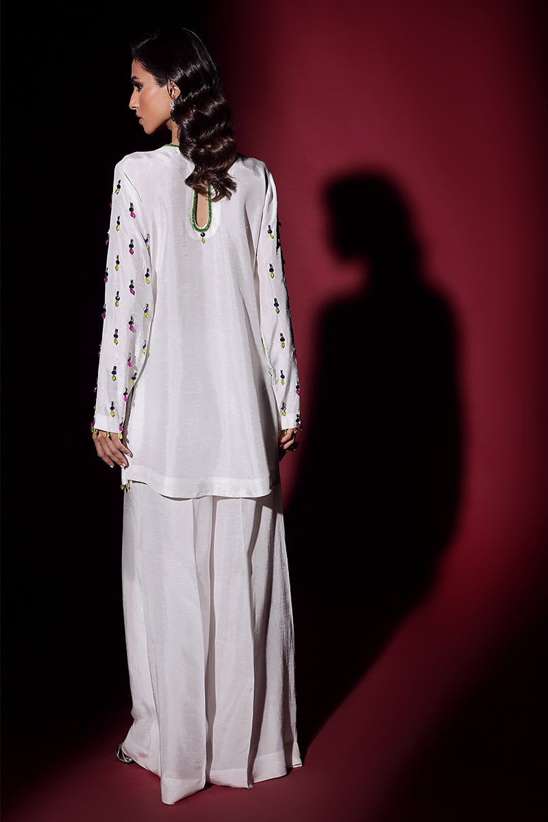 Wardha Saleem | Luxury Pret Fusion Wear | LUXURA (WHITE) CORD-SET (2PC) S White Korean Silk