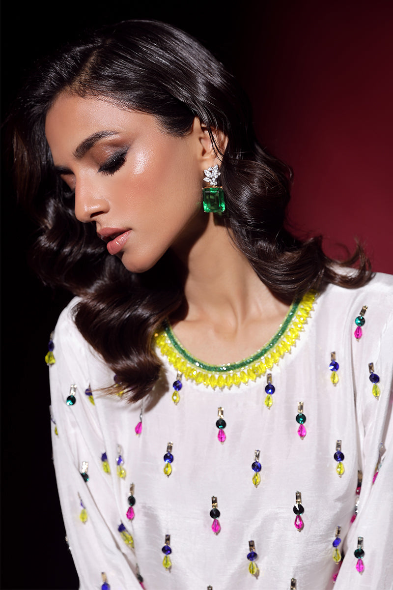 Wardha Saleem | Luxury Pret Fusion Wear | LUXURA (WHITE) CORD-SET (2PC) M White Korean Silk