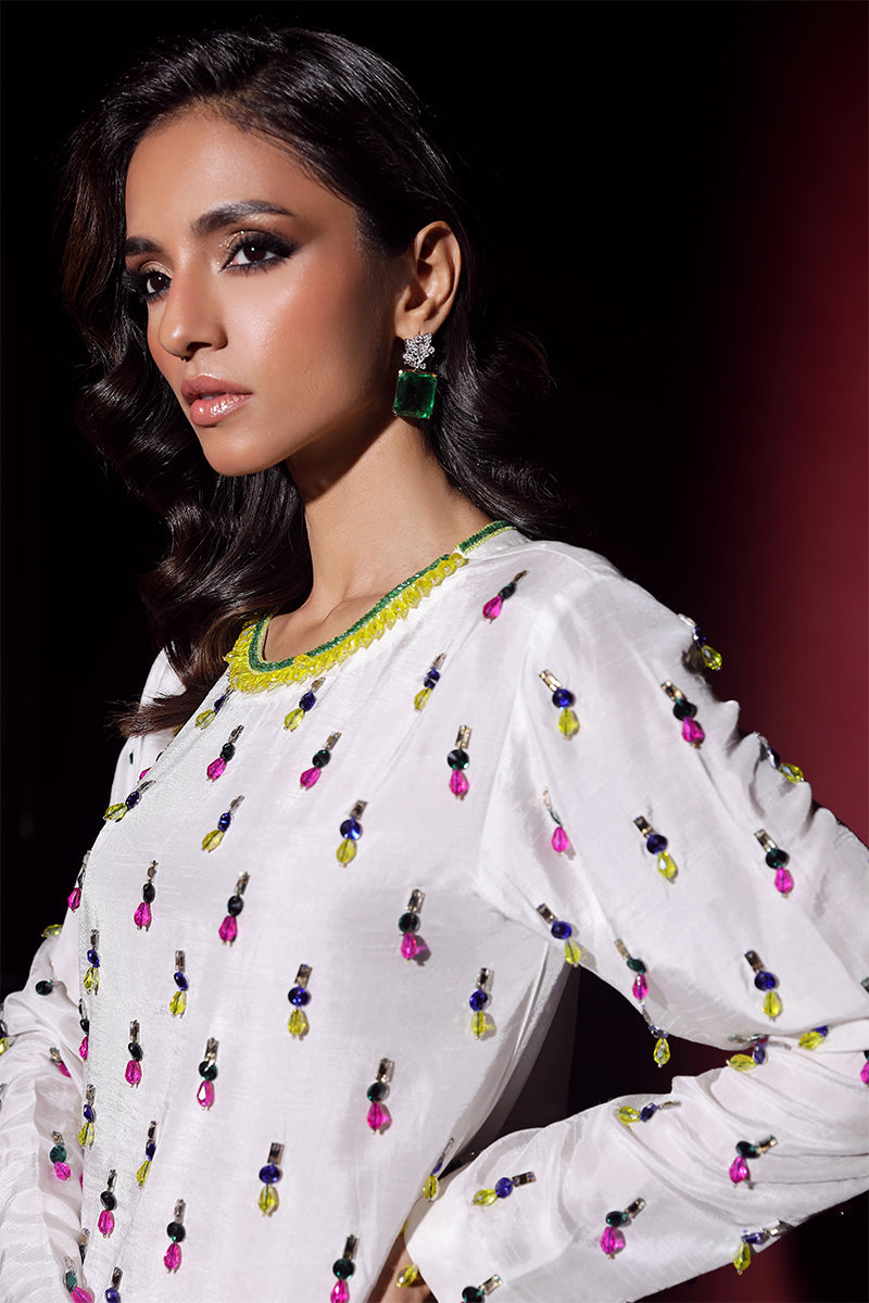 Wardha Saleem | Luxury Pret Fusion Wear | LUXURA (WHITE) CORD-SET (2PC) L White Korean Silk