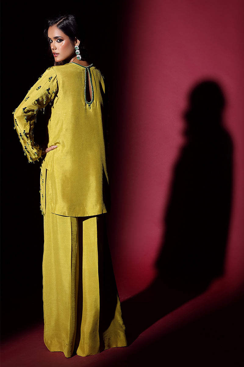 Wardha Saleem | Luxury Pret Fusion Wear | LUXURA (LIME GREEN) CORD-SET (2PC) S Yellow Korean Silk