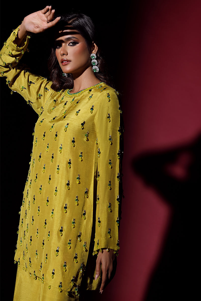 Wardha Saleem | Luxury Pret Fusion Wear | LUXURA (LIME GREEN) CORD-SET (2PC) L Yellow Korean Silk