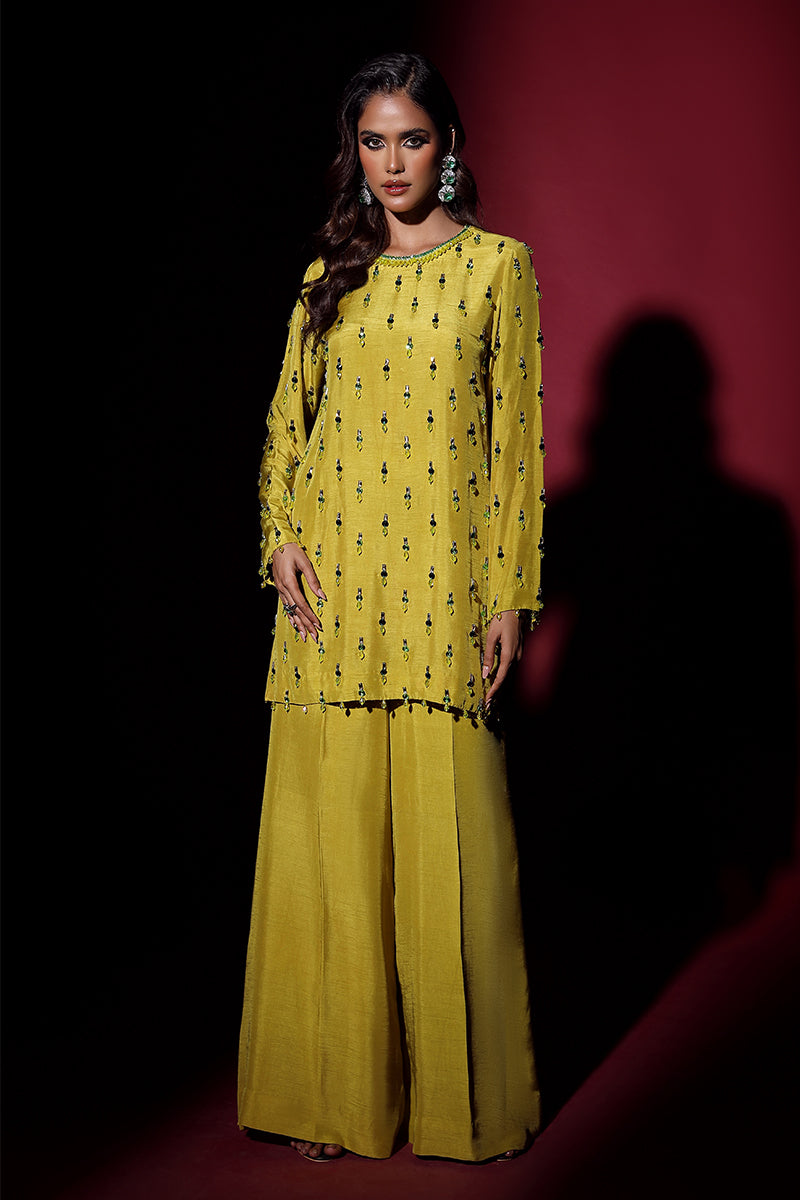 Wardha Saleem | Luxury Pret Fusion Wear | LUXURA (LIME GREEN) CORD-SET (2PC) XS Yellow Korean Silk