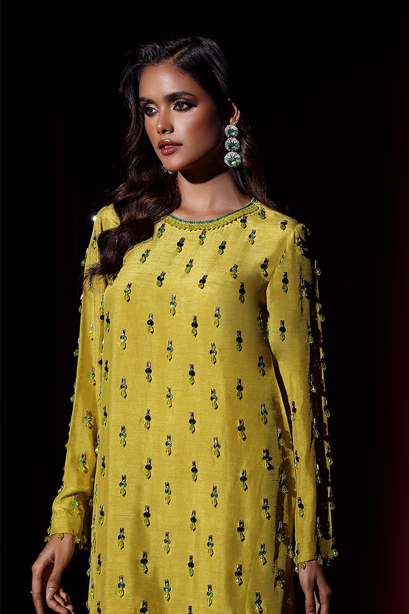 Wardha Saleem | Luxury Pret Fusion Wear | LUXURA (LIME GREEN) CORD-SET (2PC) M Yellow Korean Silk