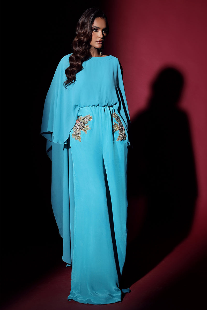 Wardha Saleem | Luxury Pret Fusion Wear | VOGUE JUMPSUIT DRAPE (1PC) XS Teal Crepe Silk