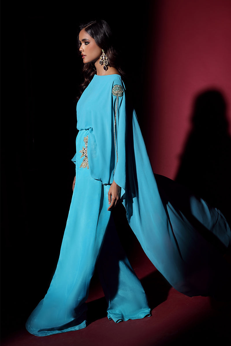 Wardha Saleem | Luxury Pret Fusion Wear | VOGUE JUMPSUIT DRAPE (1PC) XL Teal Crepe Silk