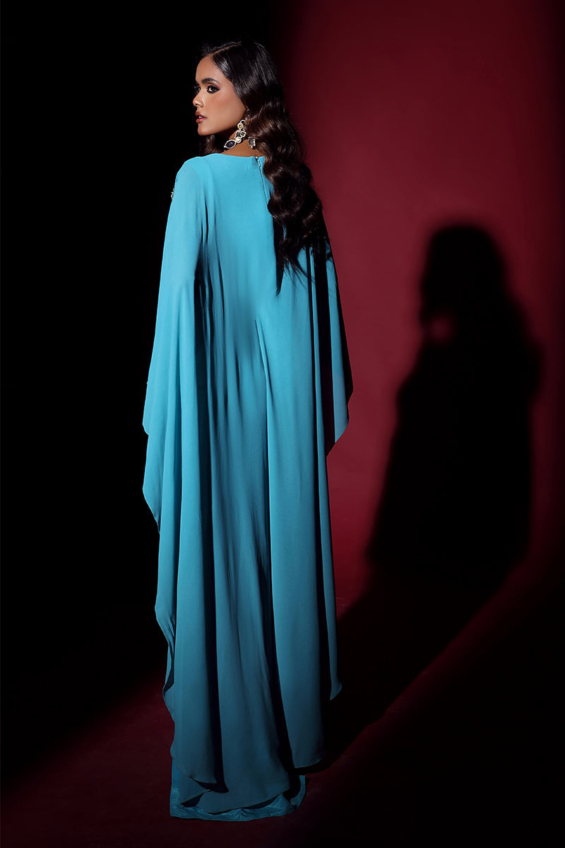 Wardha Saleem | Luxury Pret Fusion Wear | VOGUE JUMPSUIT DRAPE (1PC) S Teal Crepe Silk