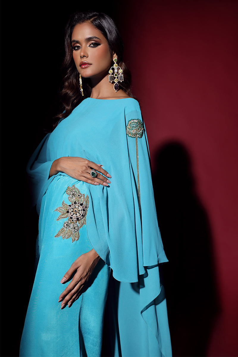 Wardha Saleem | Luxury Pret Fusion Wear | VOGUE JUMPSUIT DRAPE (1PC) M Teal Crepe Silk