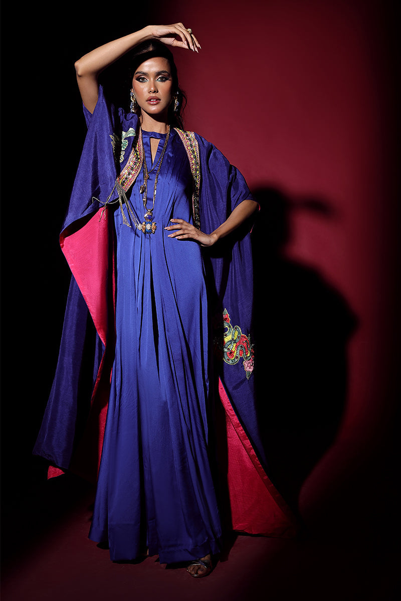 Wardha Saleem | Luxury Pret Fusion Wear | NOVA CAPE WITH DRAPE (2PC) XS Cobalt Blue Korean Silk