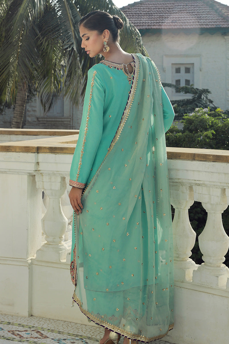 Sana Abbas | Velvet Formals | AQUAMARINE S Aqua Green Silk