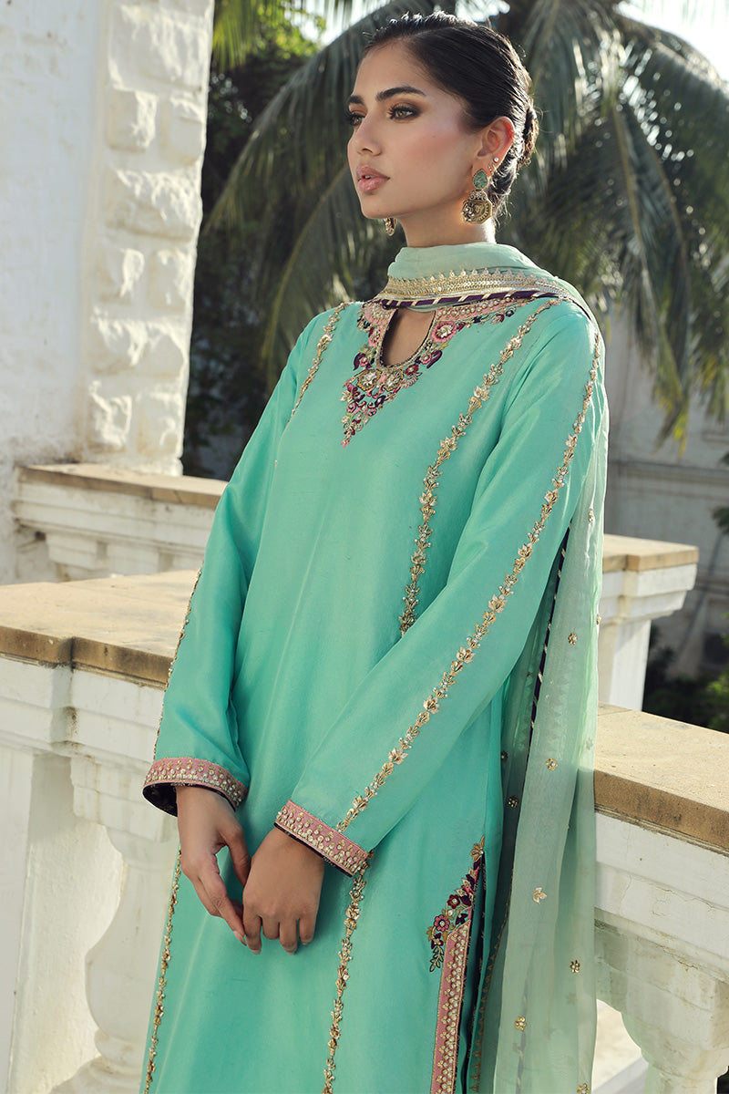Sana Abbas | Velvet Formals | AQUAMARINE M Aqua Green Silk