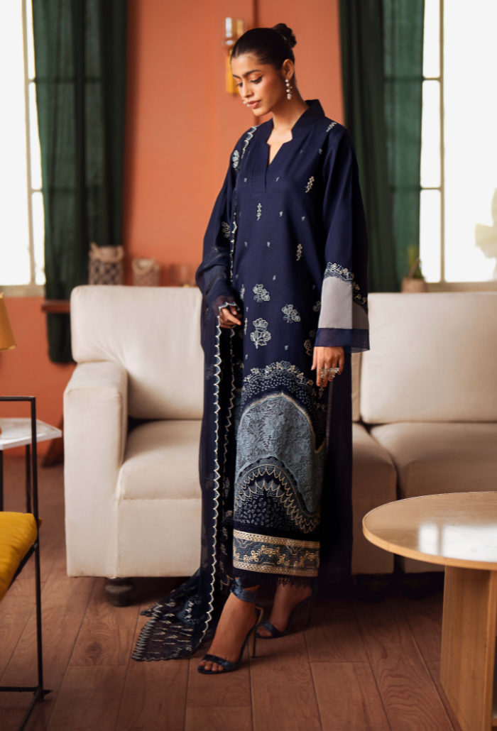Humdum | Lala Rukh Lawn | Lalarukh - D08 L Navy Lawn