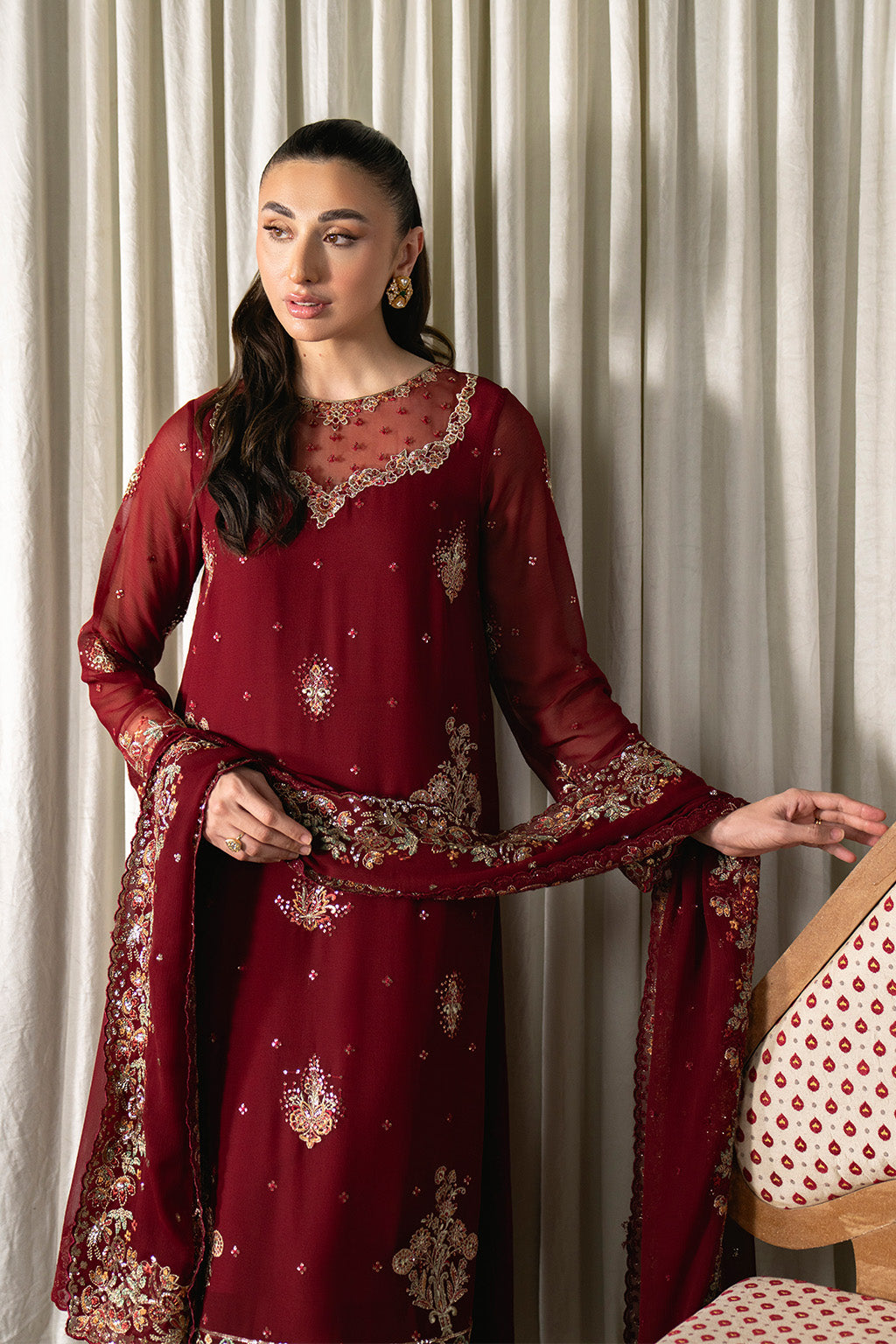 Neeshay | Ready to Wear Chiffon | RTW-CHFN-05 Red - Pakistani Designer Dress - by Neeshay - Type : Ladies Clothes - 100% Original at Saira Sultan