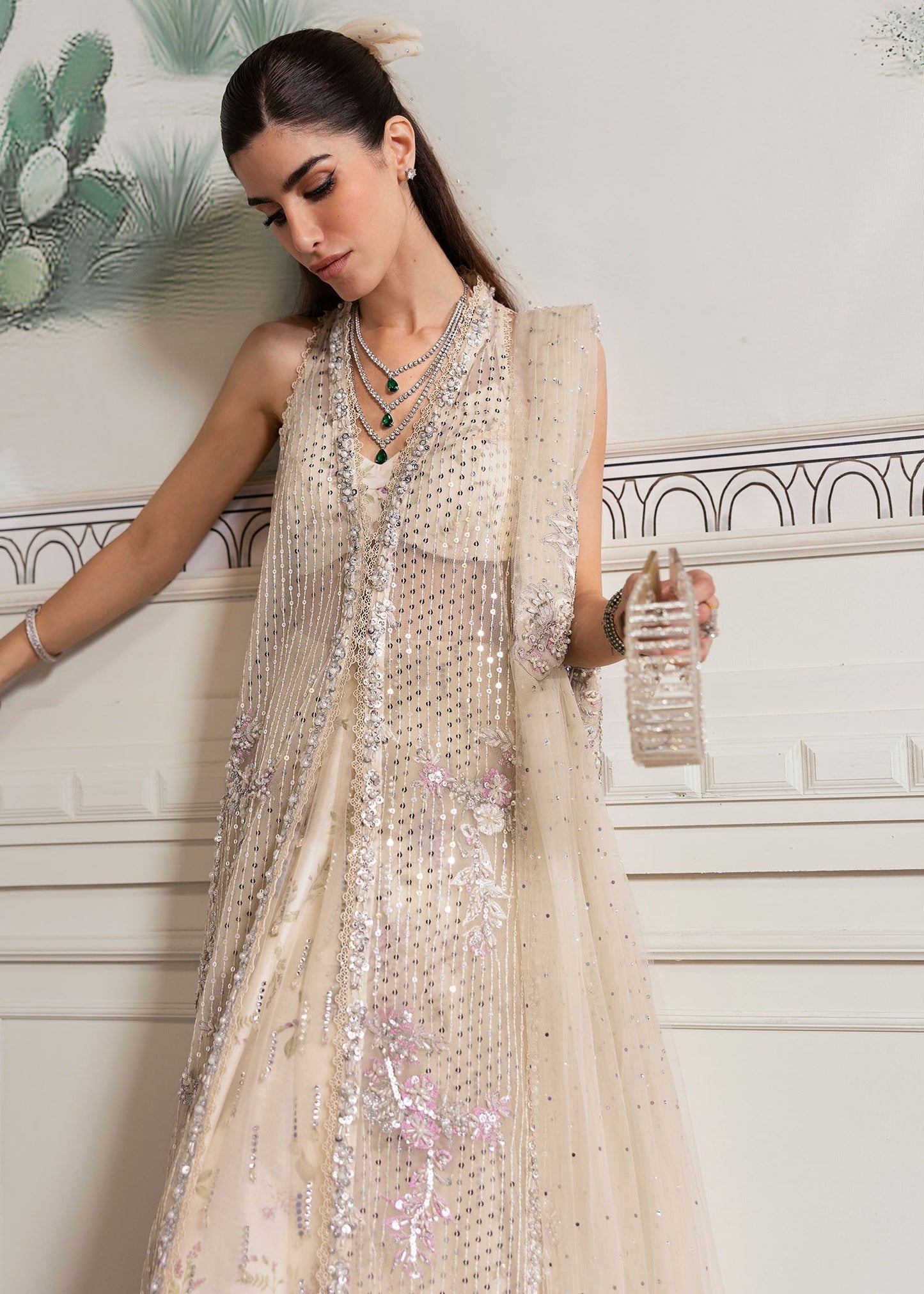 Crimson | A Beautiful Chaos Wedding Collection | A Swarovski Affair S Ivory Long Open Jacket with Lehnga