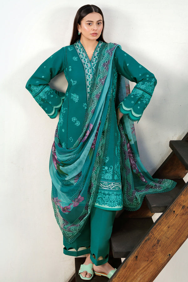 Farasha | Summer Weaves Embroidered Lawn | Dewy Teal M Teal Green Lawn