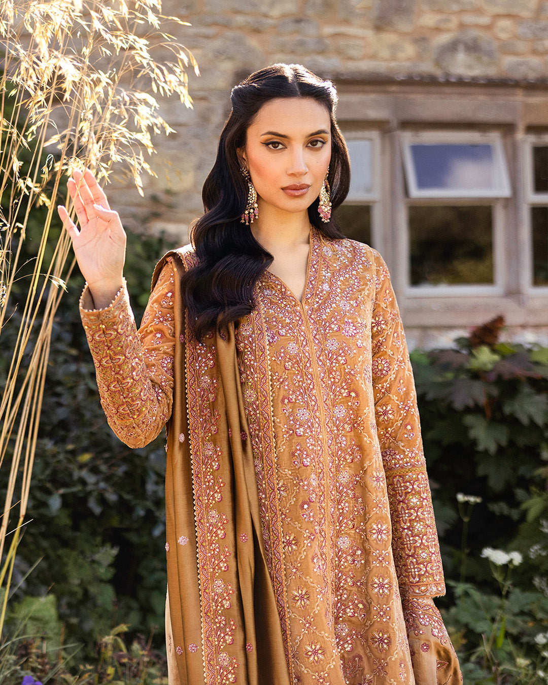 Faiza Saqlain | Adeen Formals | Coreene M Mustard Brown Embroidered Velvet
