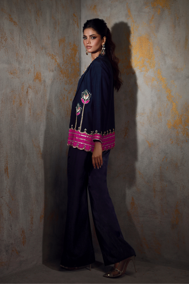 Wardha Saleem | Luxury Pret Fusion Wear | VERA S Navy Blue Korean Silk