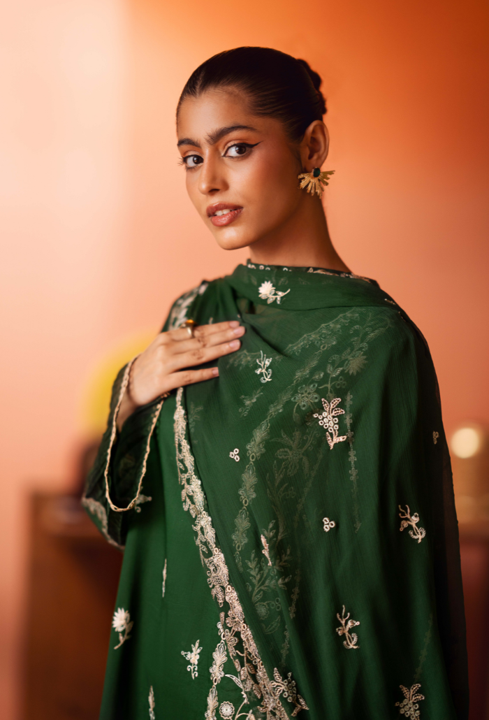 Humdum | Lala Rukh Lawn | Lalarukh - D10 M Bottle Green Lawn