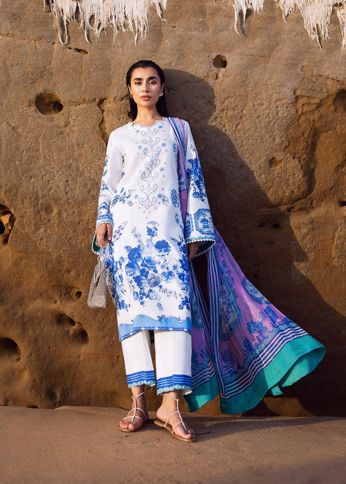 Sadaf Fawad Khan | Siraa Lawn 25 | Blue Pottery XS White Lawn