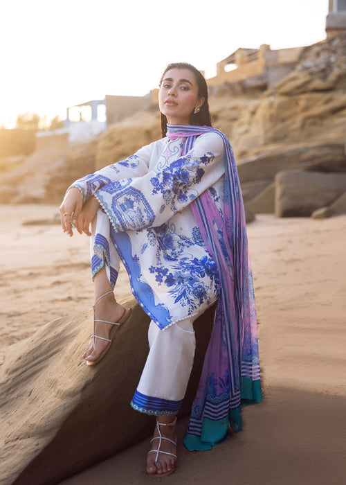 Sadaf Fawad Khan | Siraa Lawn 25 | Blue Pottery XL White Lawn
