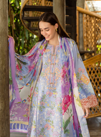 Roheenaz | Ethereal Bloom Lawn 25 |Florien L LIight blue Grey Printed lawn