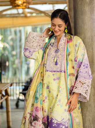 Roheenaz | Ethereal Bloom Lawn 25 | Elysse L Pastel Yellow Printed lawn