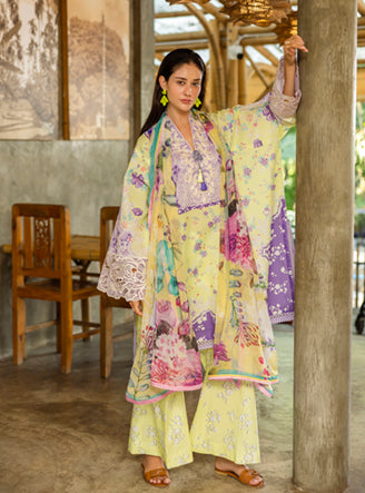 Roheenaz | Ethereal Bloom Lawn 25 | Elysse M Pastel Yellow Printed lawn