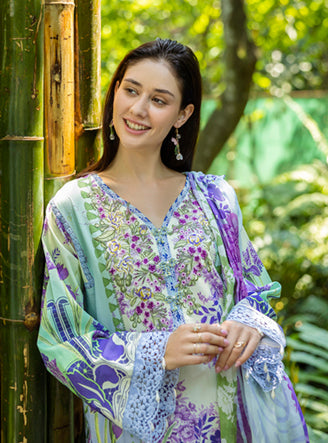 Roheenaz | Ethereal Bloom Lawn 25 | Florisse L Mint Gray Printed lawn