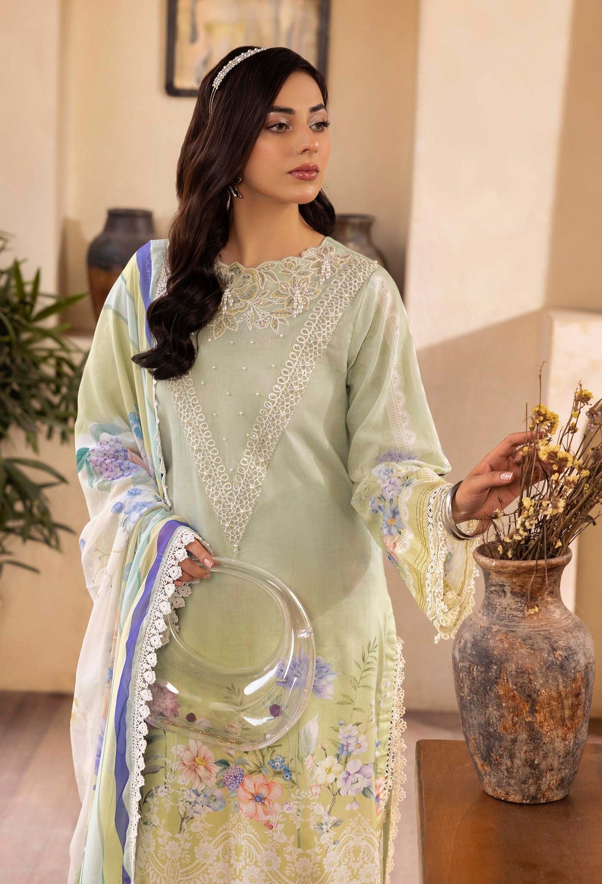 Adans Libas | Chantelle Print Lawn | CHANTELLE 99956 L Mint Gray Lawn
