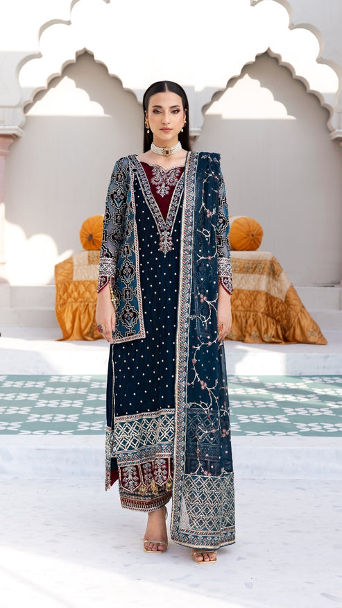 Zebtan | Andaz e Makhmal | ZAM-08 XL Teal Blue Velvet