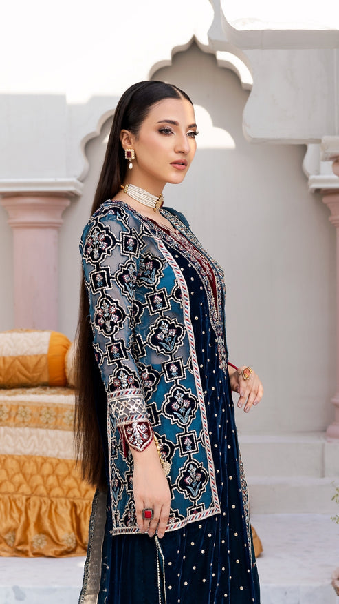 Zebtan | Andaz e Makhmal | ZAM-08 L Teal Blue Velvet