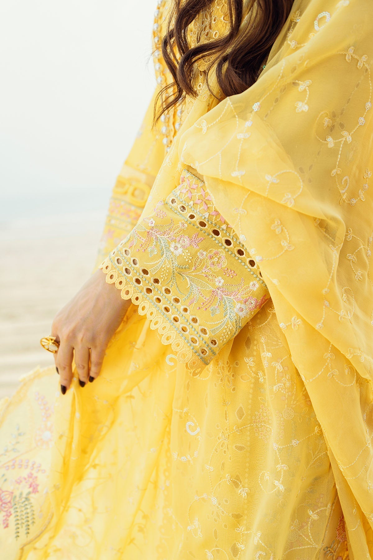 Nureh | Khuwab Luxury Lawn | NE-144 Custom Size Lime Yellow Kalidar Long Gown