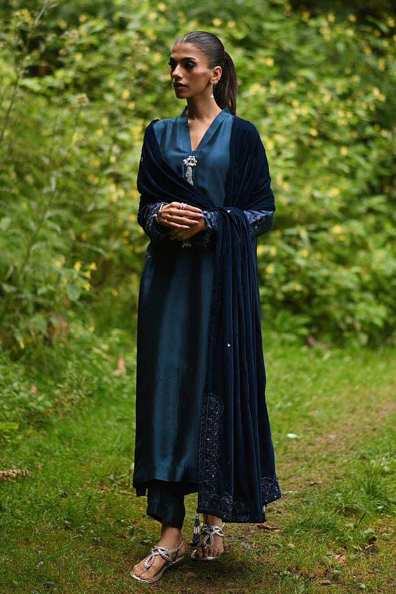 Hue Pret | Farasha Luxury Winter | Mina L Teal Blue Pure Sheesh Silk