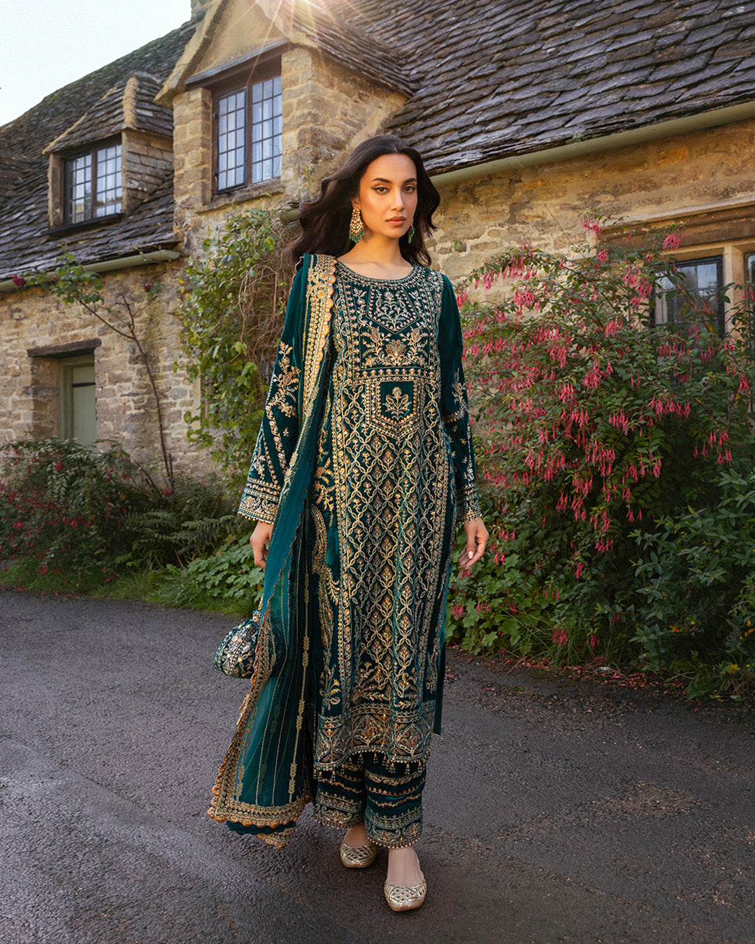 Faiza Saqlain | Adeen Formals | Merna S Teal Green Embroidered Velvet