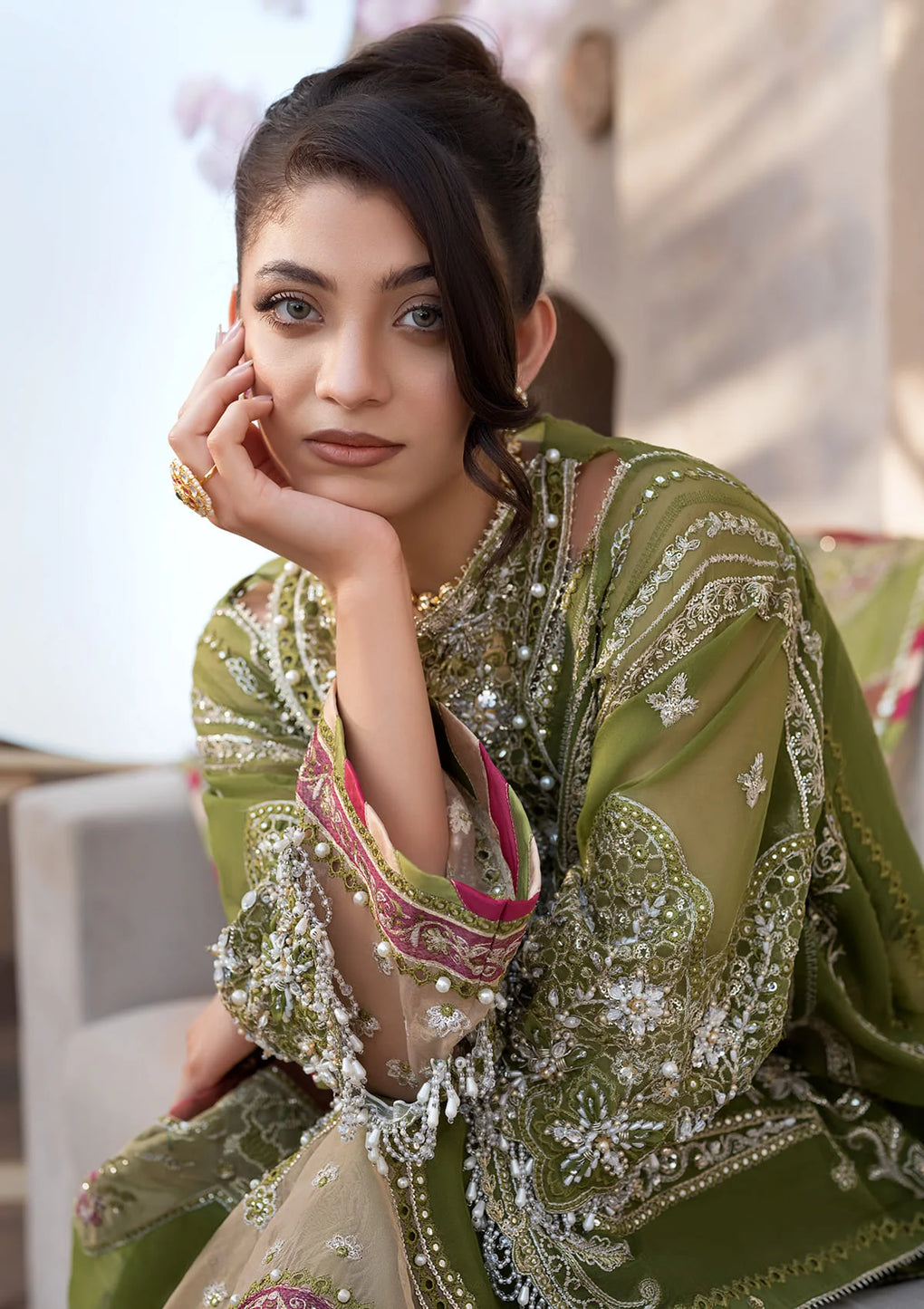 Elaf Premium | Formal Handwork Collection | EFH-08 PARWAANA L Olive Green Organza
