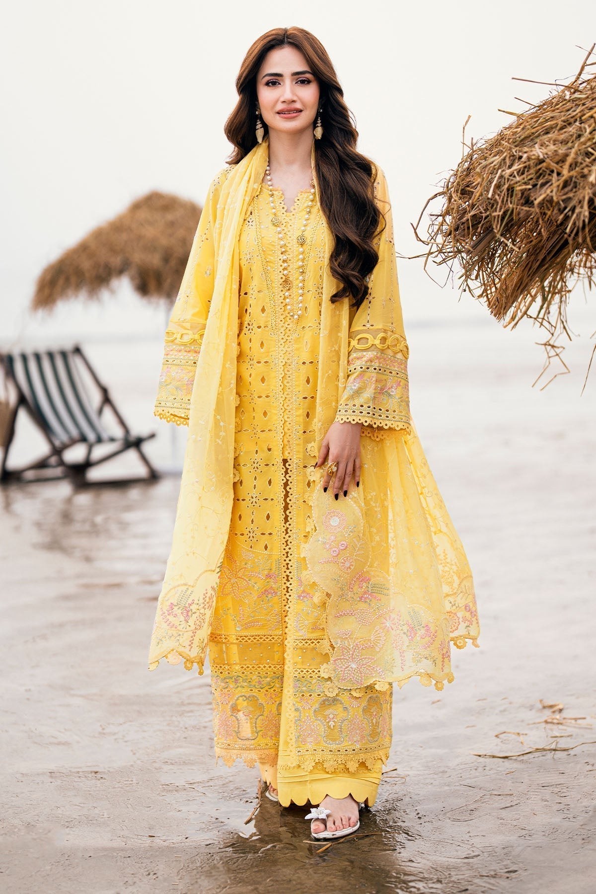 Nureh | Khuwab Luxury Lawn | NE-144 XL Lime Yellow Long Open Shirt