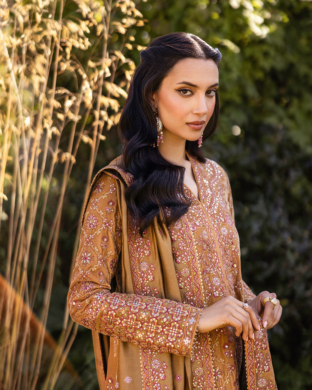 Faiza Saqlain | Adeen Formals | Coreene L Mustard Brown Embroidered Velvet