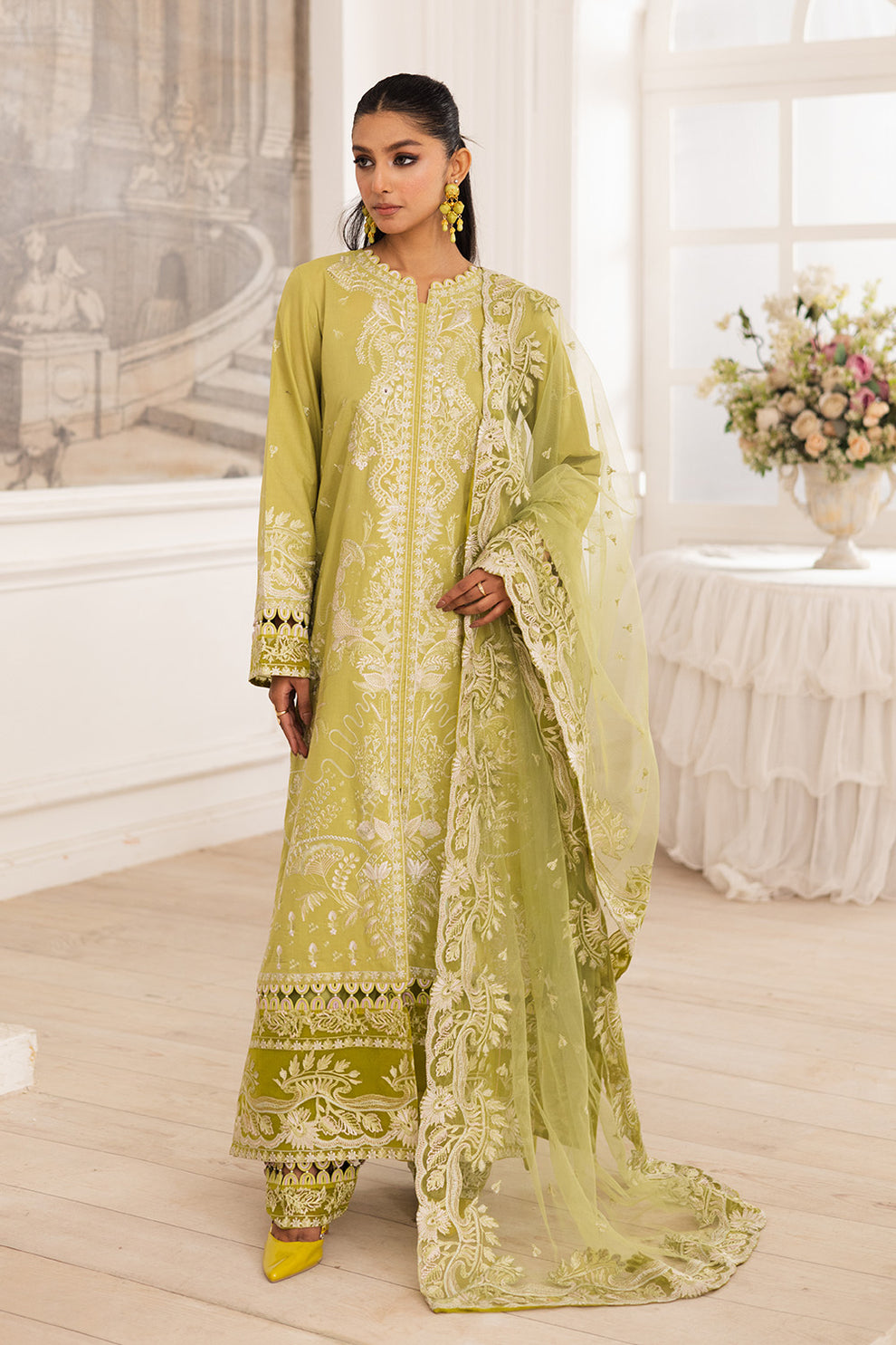 Maryum N Maria | Mira Luxury Lawn | MOZHDEH - FS50115 L Olive Lawn