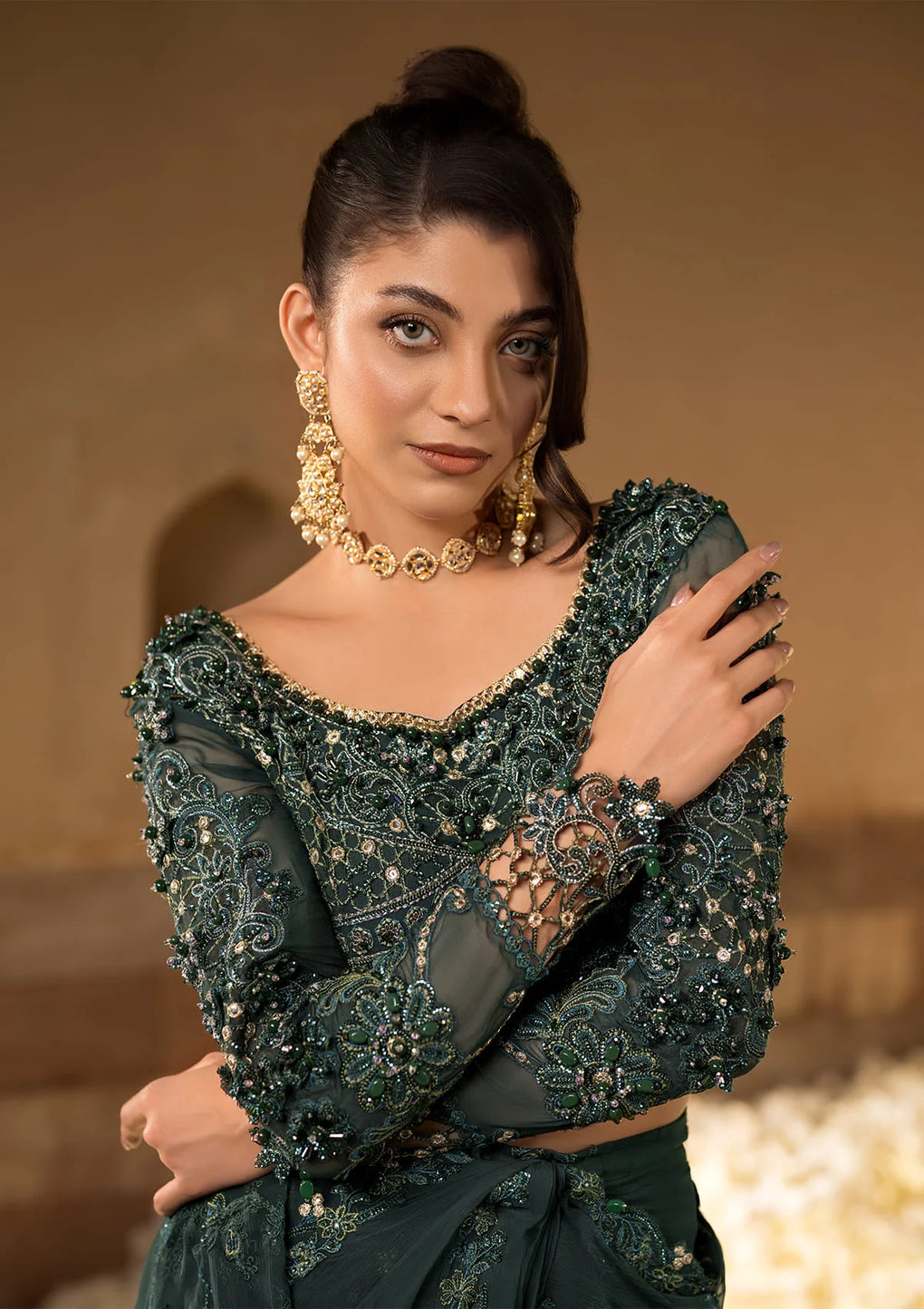 Elaf Premium | Formal Handwork Collection | EFH-01 JAHAN ARA L Bottle Green Chiffon