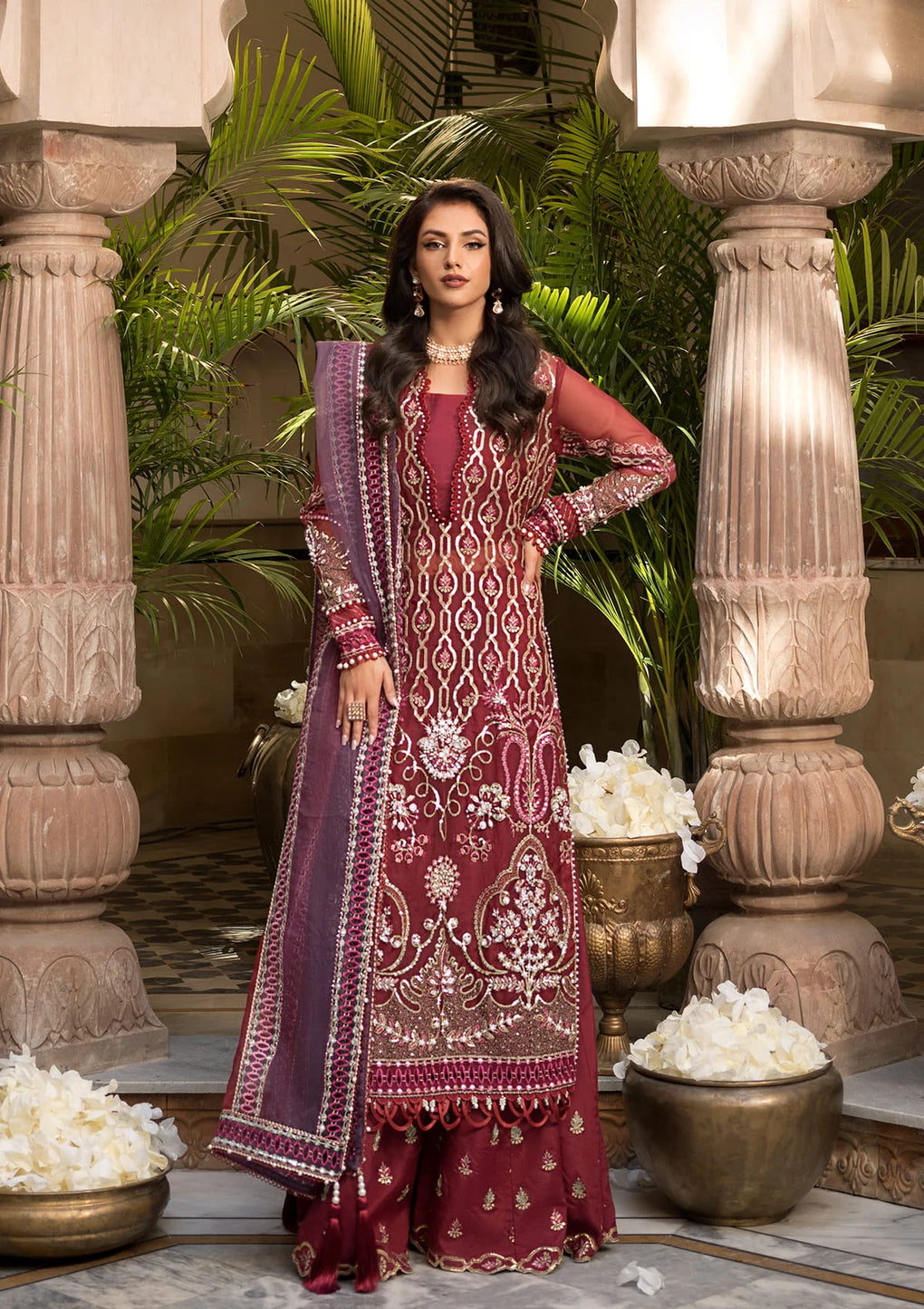 Elaf Premium | Formal Handwork Collection | EFH-06 GHAZAL XS Maroon Organza