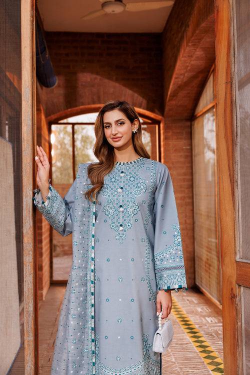 Farasha | Dastoor Embroidered Lawn SS24 | BERYL GREY - Pakistani Designer Dress - by Farasha | Type: Luxury - 100% Original at Saira Sultan
