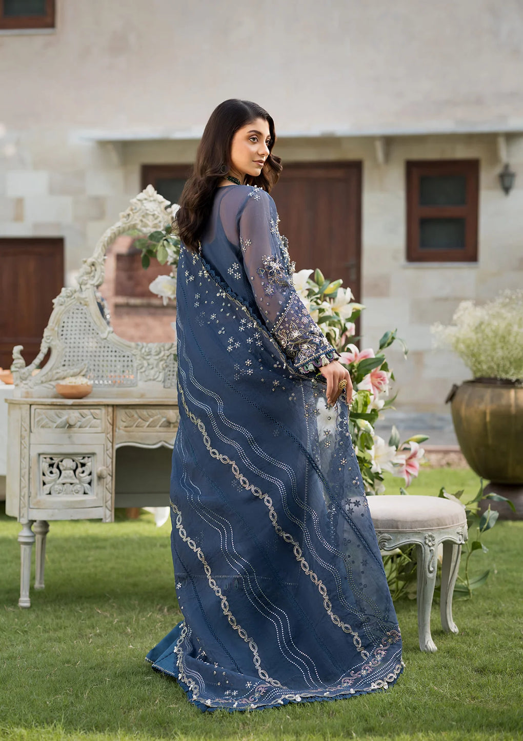 Elaf Premium | Formal Handwork Collection | EFH-04 FALAK Custom Size Navy Blue Organza