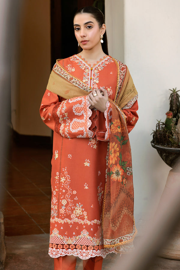 Farasha | Summer Weaves Embroidered Lawn | Orange Petal L Burnt Orange Lawn
