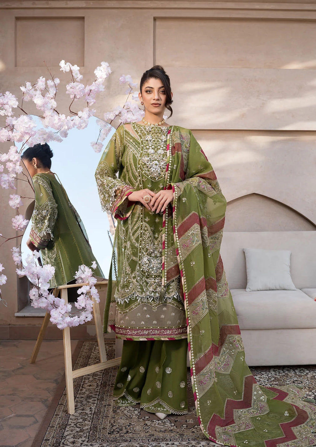 Elaf Premium | Formal Handwork Collection | EFH-08 PARWAANA XS Olive Green Organza